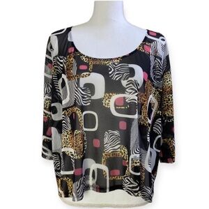 Joseph Ribkoff Zebra Leopard Geometric Sheer Top Medium Animal Print